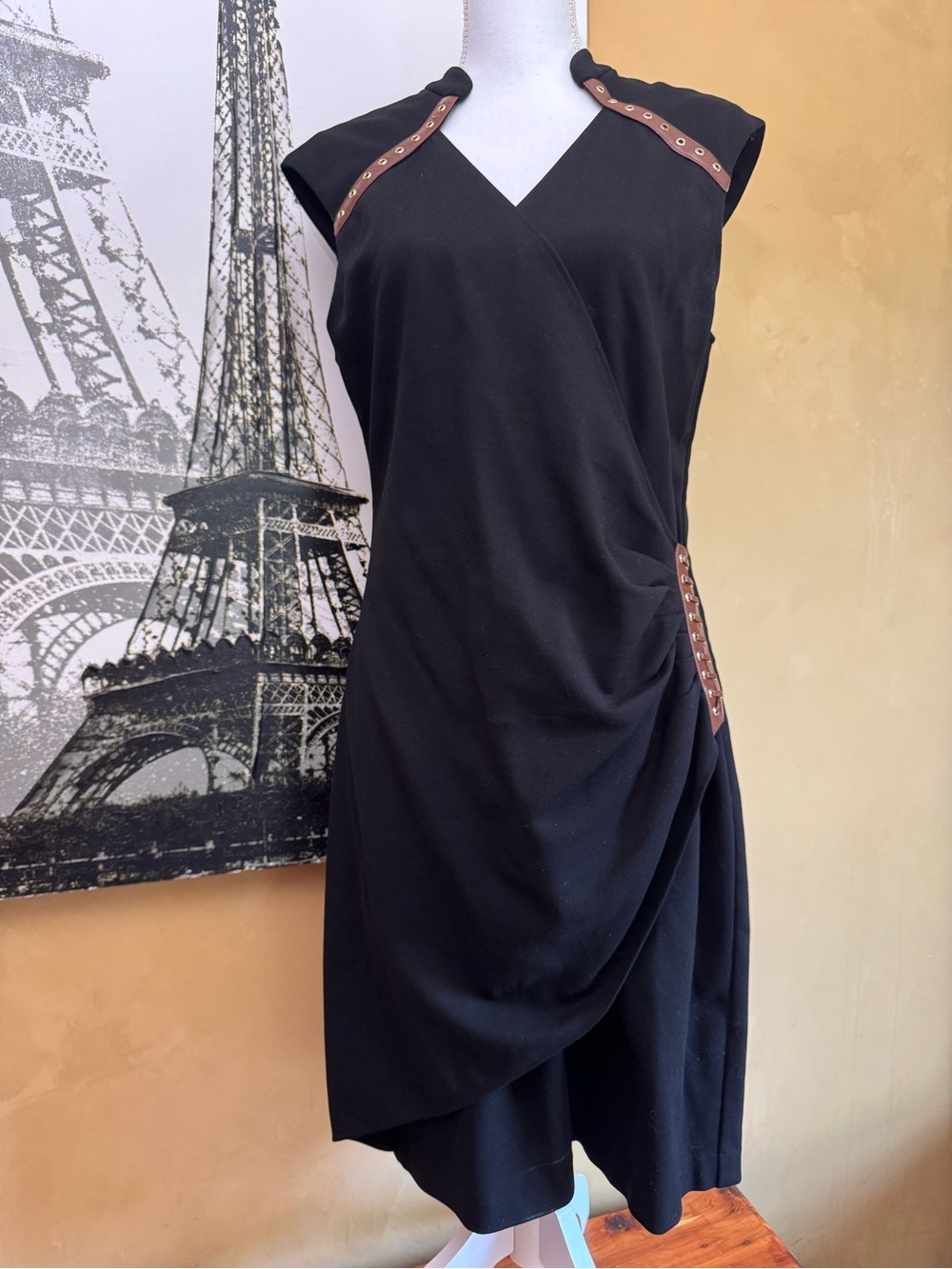 Cache Black Midi Dress with Brown Stud-Trim Accents